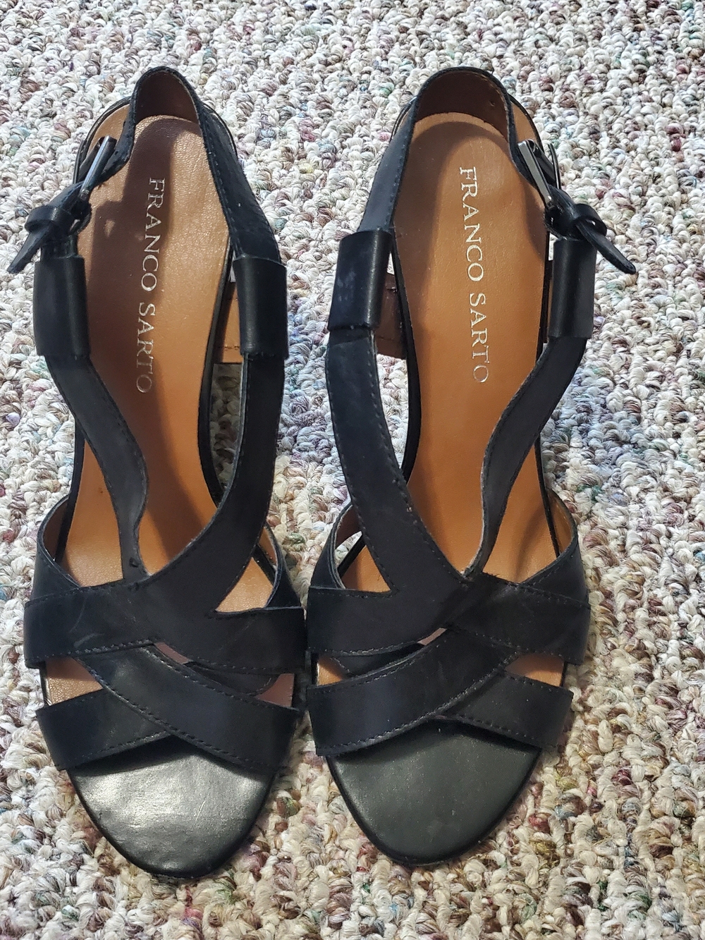 Franco Sarto Black Leather Crisscross Slingback Heels
